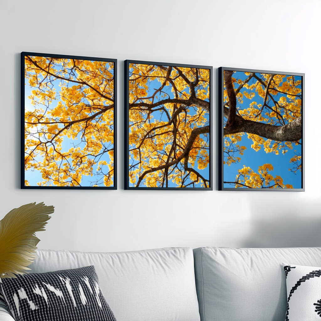 Kit Quadros Decorativos Moldura 40X60 cm Árvore Ipê Amarelo Sala Hall