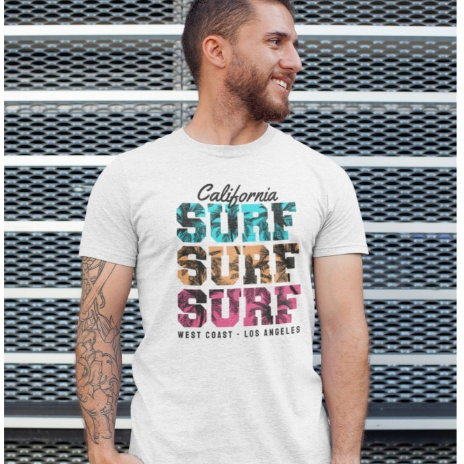 Camiseta branca básica, tecido fresquinho. Camiseta masculina estampa de surf