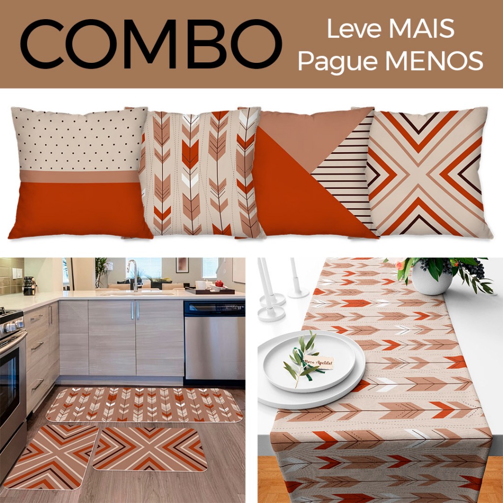 KIT 04 CAPAS DE ALMOFADAS + KIT 3 TAPETES DE COZINHA + TRILHO DE MESA - TERRACOTA MODERNA