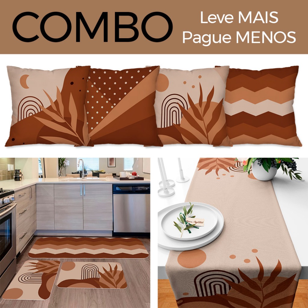 KIT 04 CAPAS DE ALMOFADAS + KIT 3 TAPETES DE COZINHA + TRILHO DE MESA - AURA TERRACOTA
