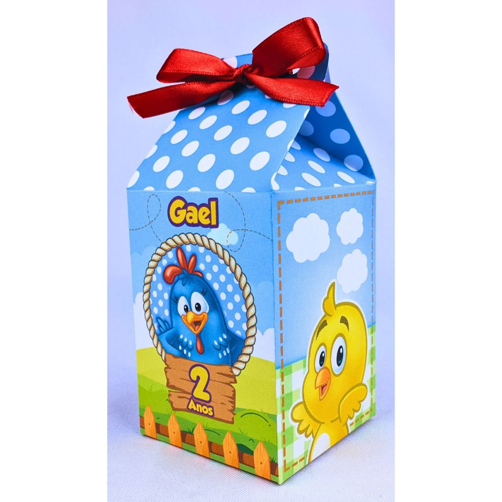 Kit 10 a 50 Caixinhas Galinha Pintadinha Menino Milk Personalizada Papel Offset 180g Com Lacinhos