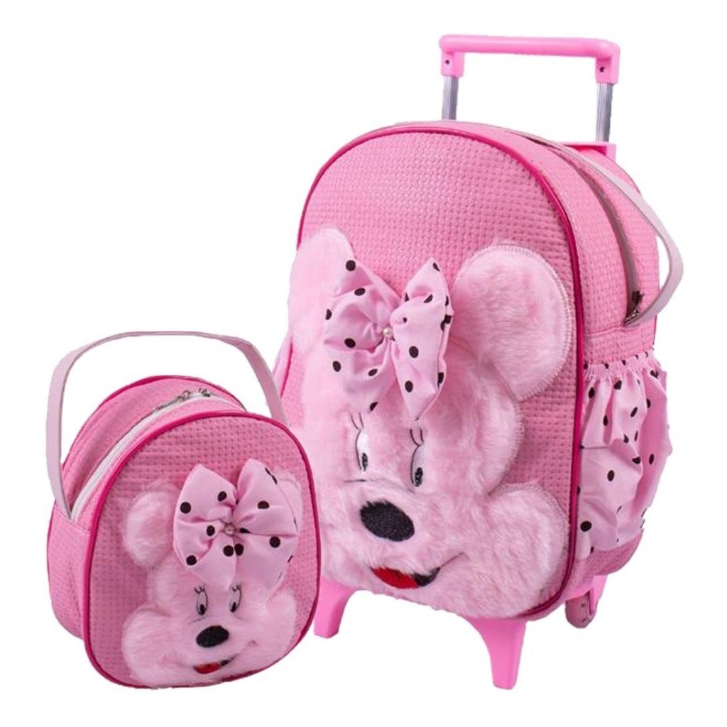 Kit Mochila De Carrinho Escolar Infantil de Rodinhas Menina Menino Bichinho G Com Lancheira