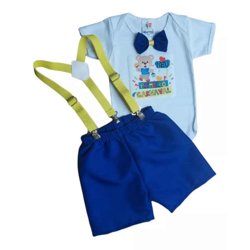 Roupa Conjunto Infantil Body Bebê Menino Meu Primeiro Carnaval Mesversario C/ Short e Suspensório