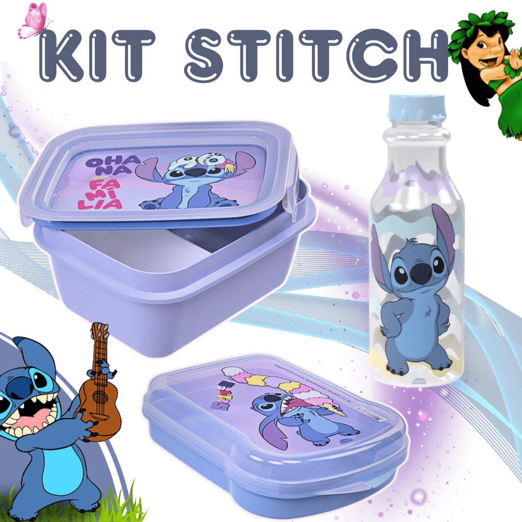 Kit  Lilo STITCH 3 peças Disney Marmita Sanduicheira Garrafa squeeze Abre fácil Personagens Divisória Travas Refeições L