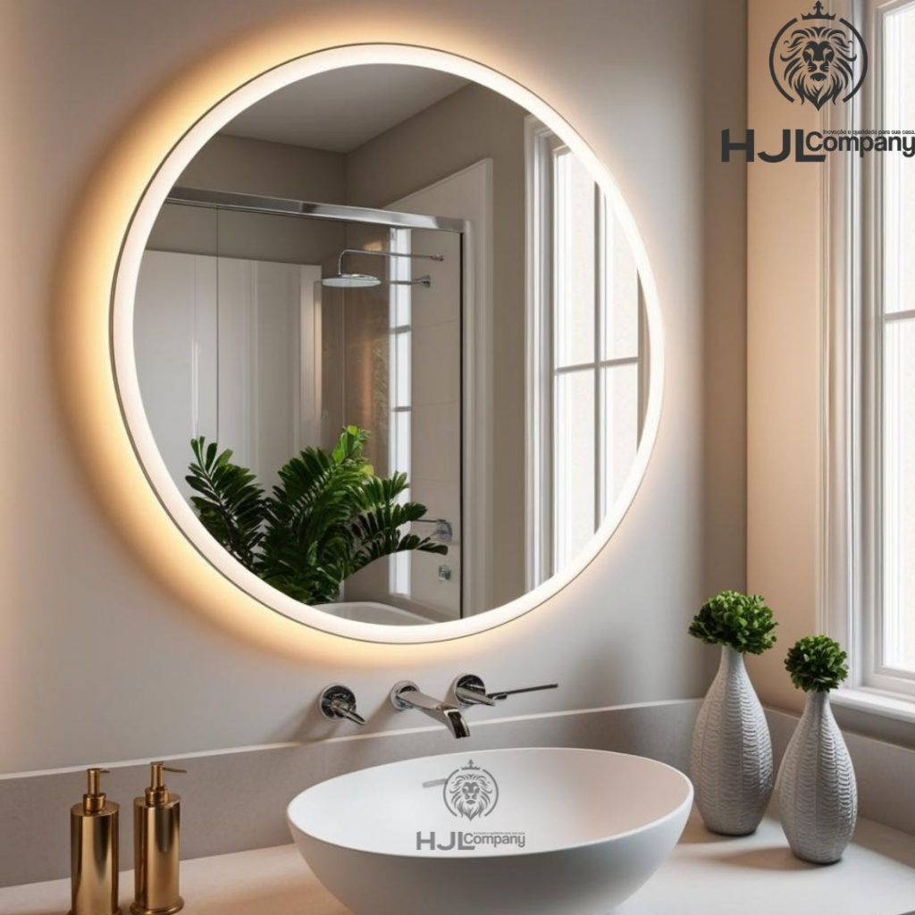 Espelho Redondo Com Led 60cm De Vidro Lapidado Decorativo Com Suporte e Kit Instalação