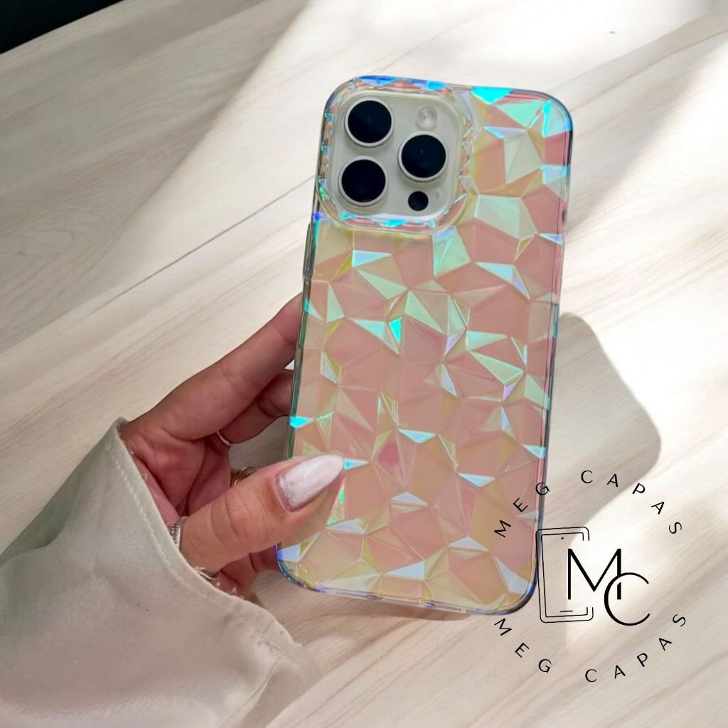 CAPA CRISTAL + KIT DE PELÍCULA CAPINHA ESPELHADA GEOMÉTRICA HOLOGRÁFICA PARA IPHONE 11/12/13/14/15/16PROMAX