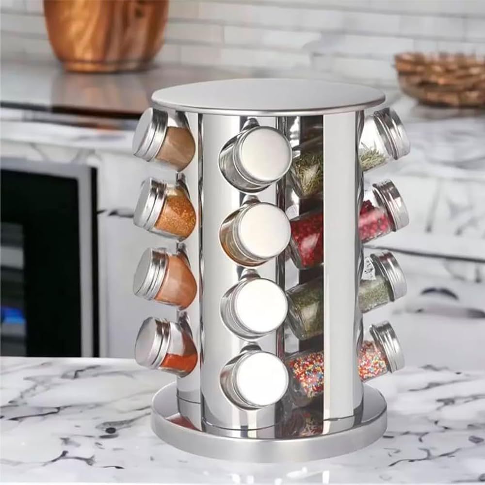 Porta Temperos  Organizador Giratório Inox De Cozinha 16 Potes De Vidro Condimentos Prata