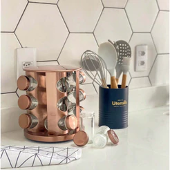 Porta Temperos e Condimentos Organizador Aço Inox Giratório 12 ou 16 Potes Rosê
