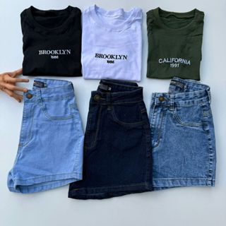 Conjunto feminino basico cropped feminino e short jeans com elastano para seu dia a dia bermuda jeans cropped academia em Oferta na Shopee