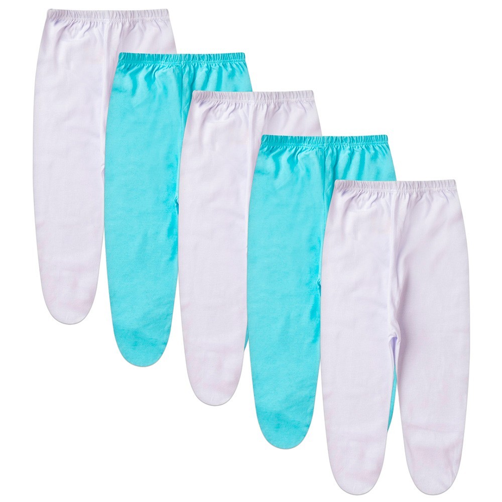 Kit Bebê (5 Peças) Mijão Meia Malha Branco e Turquesa Com Pé (RN/P/M/G)