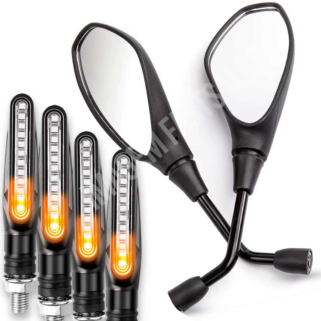Kit Retrovisor GS Haste Curta 360º Motos F800 Titan 160 Lander 250 + Pisca Led Seta Palito Slim