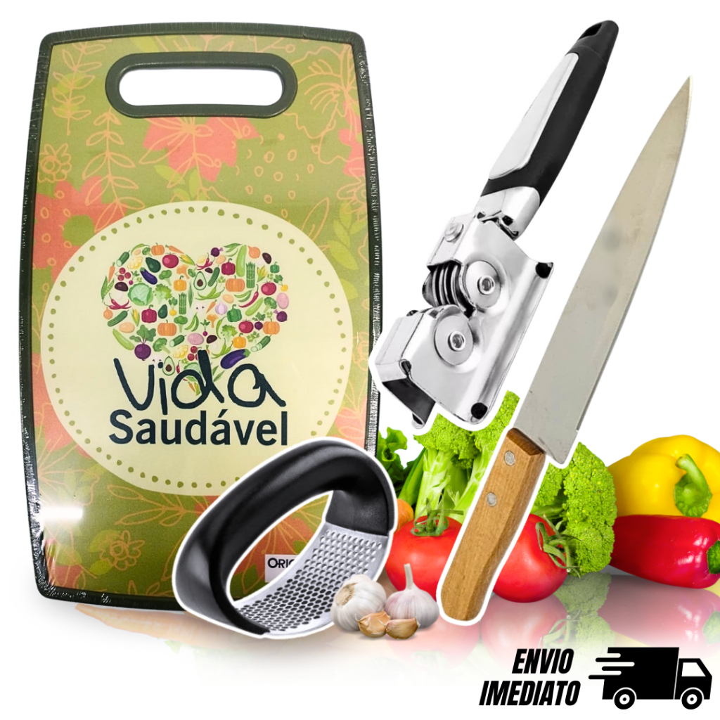 Kit Amassador de Alho + Amolador + Faca e Tábua de Corte Cozinha Comida Utilidade Churrasco