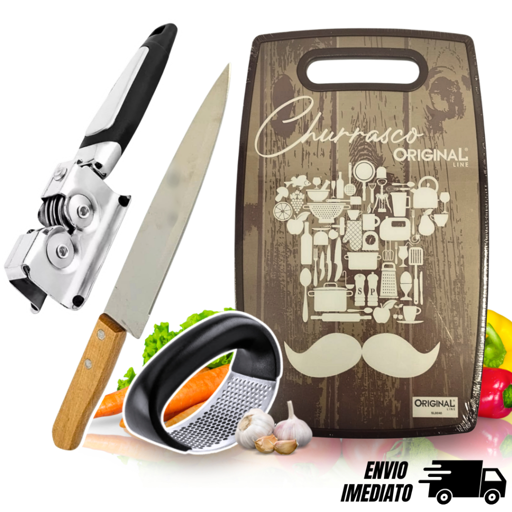 Faca e Tábua de Corte + Amolador e Amassador de Alho Kit Cozinha Comida Utilidade Churrasco