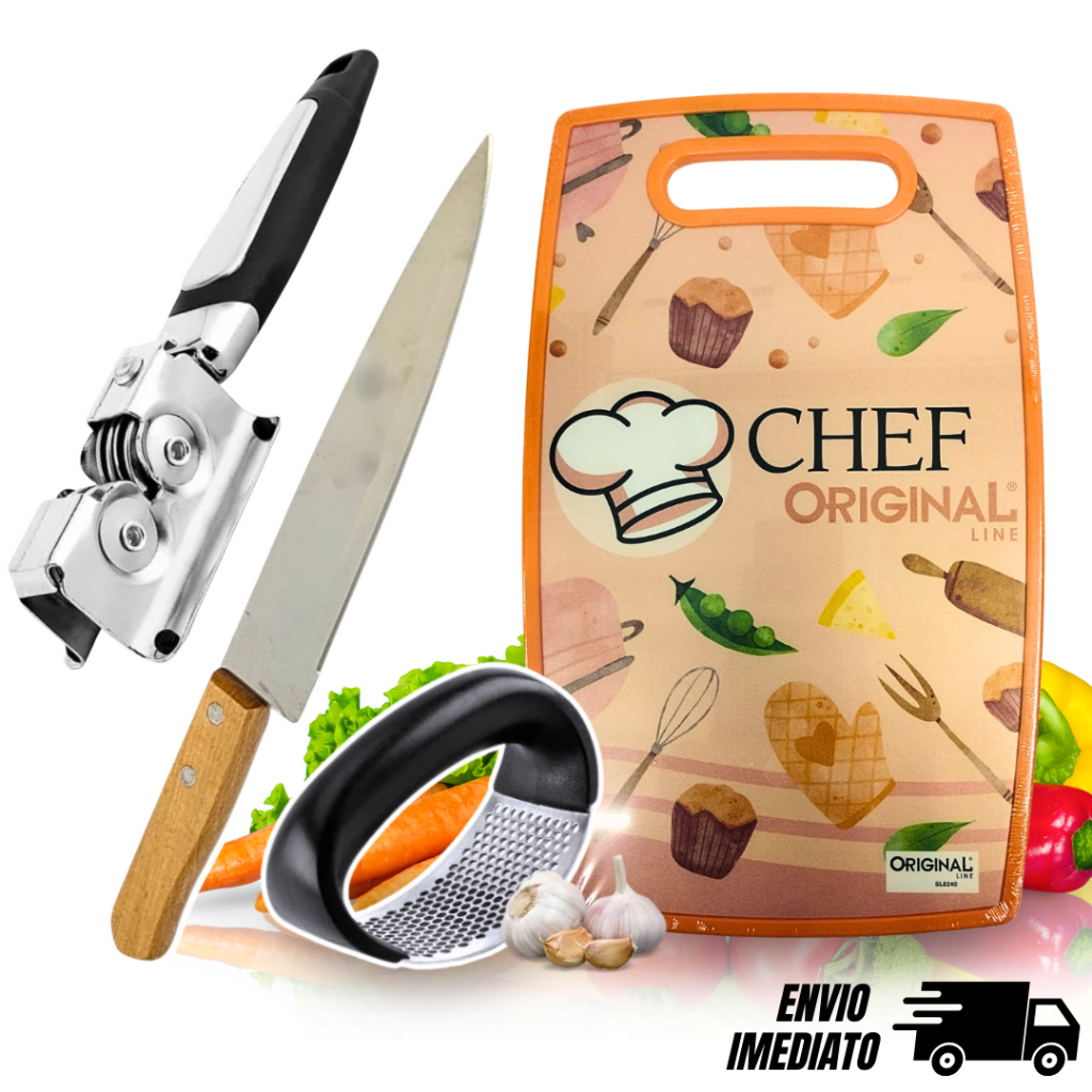 Faca e Tábua de Corte + Amolador e Amassador de Alho KIT Cozinha Comida Utilidade Churrasco