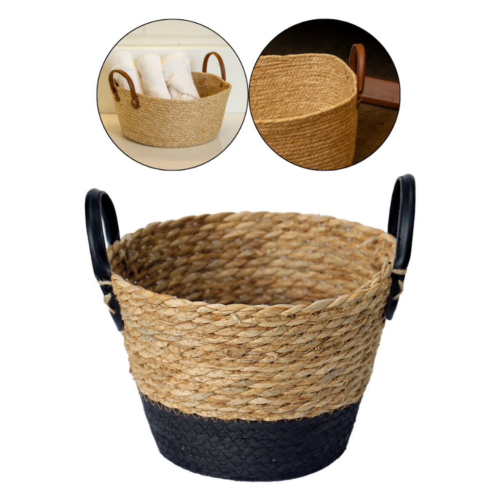 Cesto Organizador de Palha Cisal com Alça de Couro 24x18 Multiuso  Lavanderia Cesta de Roupas em Oferta na Shopee