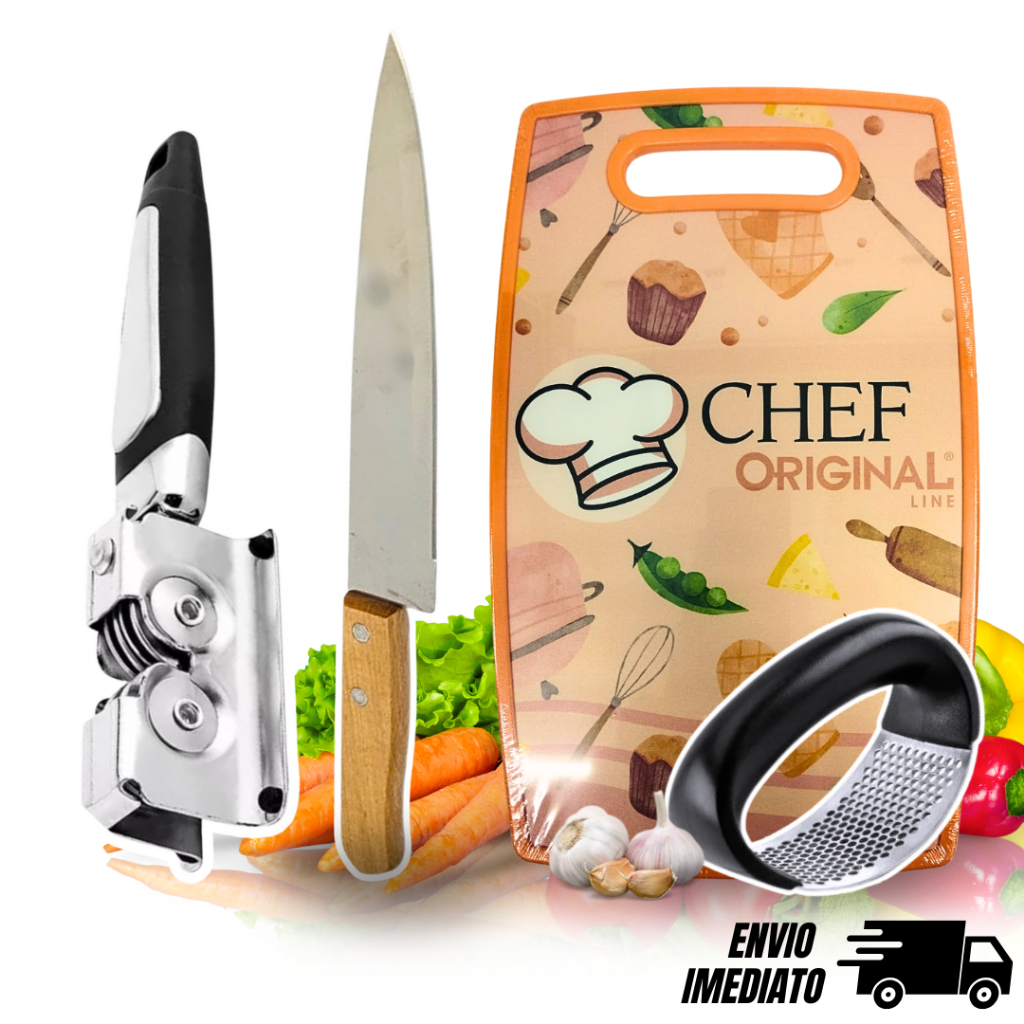 Kit Faca e Tábua de Corte + Amolador e Amassador de ALHO Cozinha Comida Utilidade Churrasco