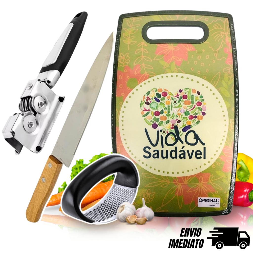 Kit Amassador de Alho + Tabua + Faca e Amolador INOX Cozinha Comida Utilidade Churrasco