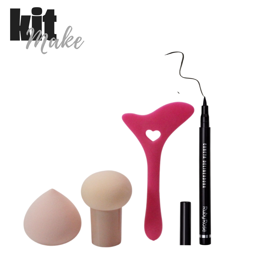 Esponja de Base e Pó Facial, com Acessório e Caneta Delineadora Ruby Rose Kit Maquiagem