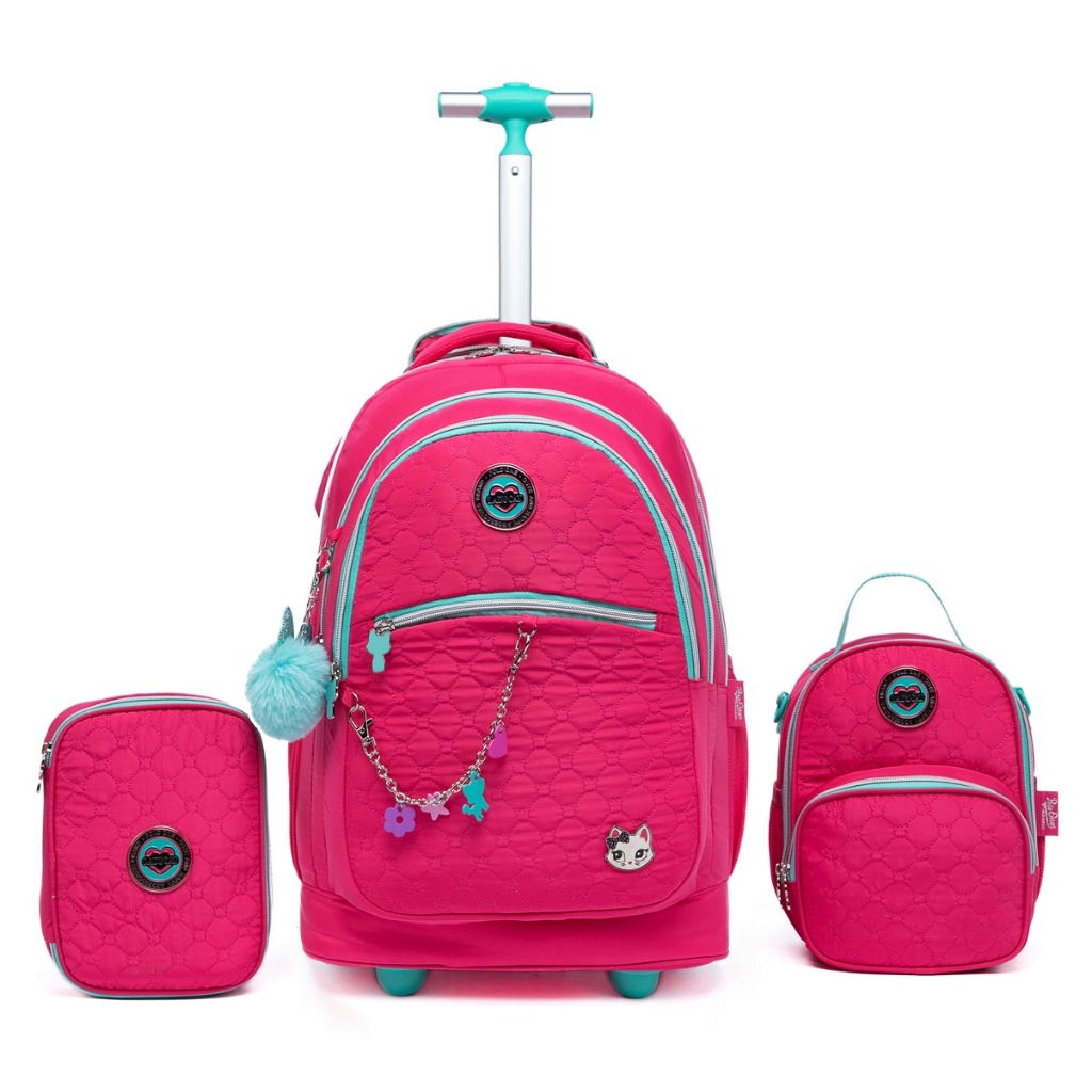 Kit Mochila Rodinhas Feminina Juvenil Lancheira Térmica Estojo Organizador
