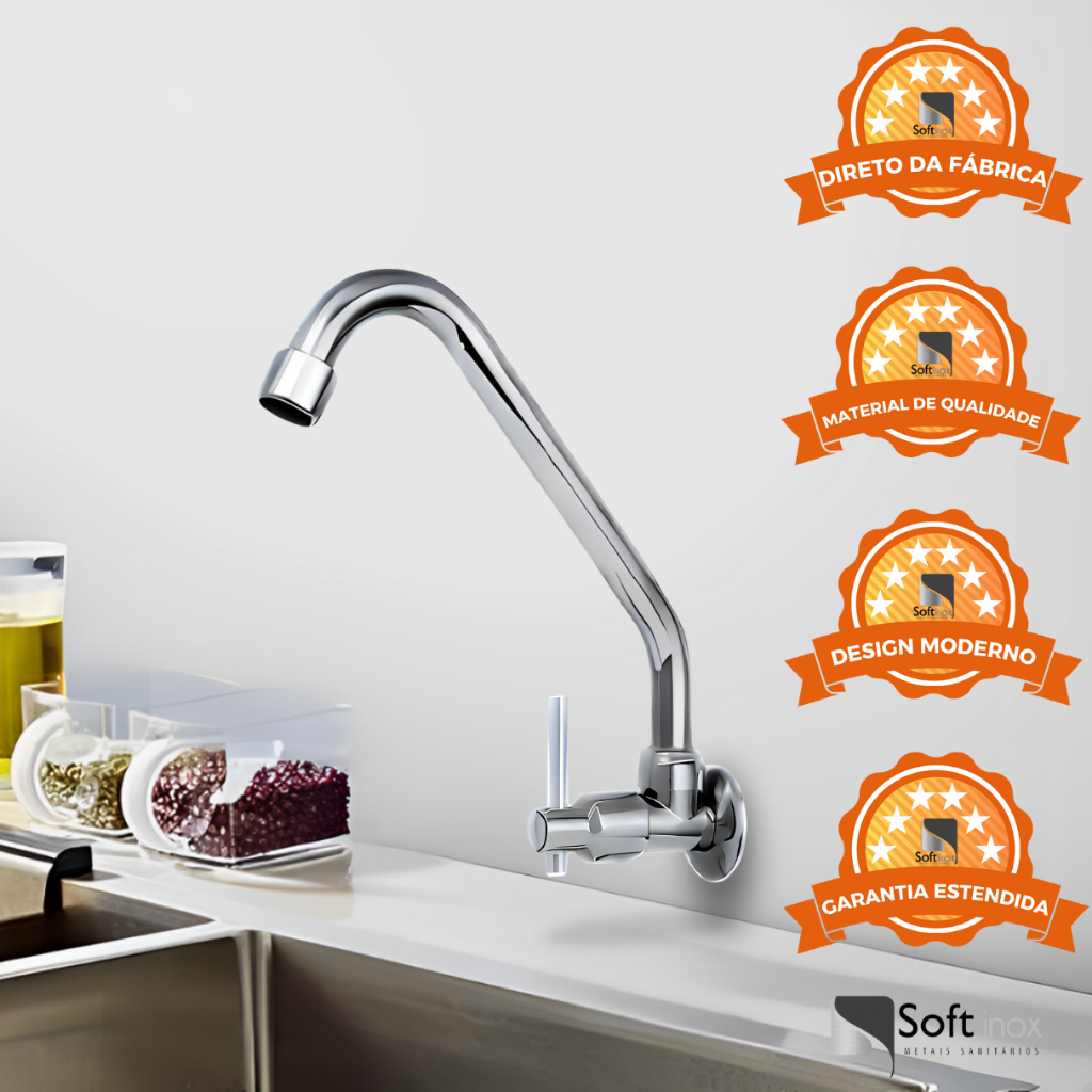 Torneira Cozinha Metal Inox Torneira Gourmet Parede Bica Móvel 1/4 de Volta para Pia Banheiro