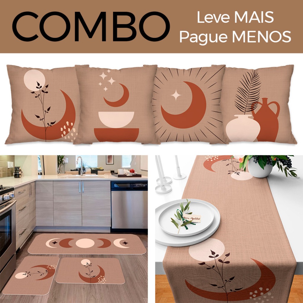 COMBO: KIT 04 CAPAS DE ALMOFADAS + KIT 3 TAPETES DE COZINHA + TRILHO DE MESA - LUAR TERRACOTA