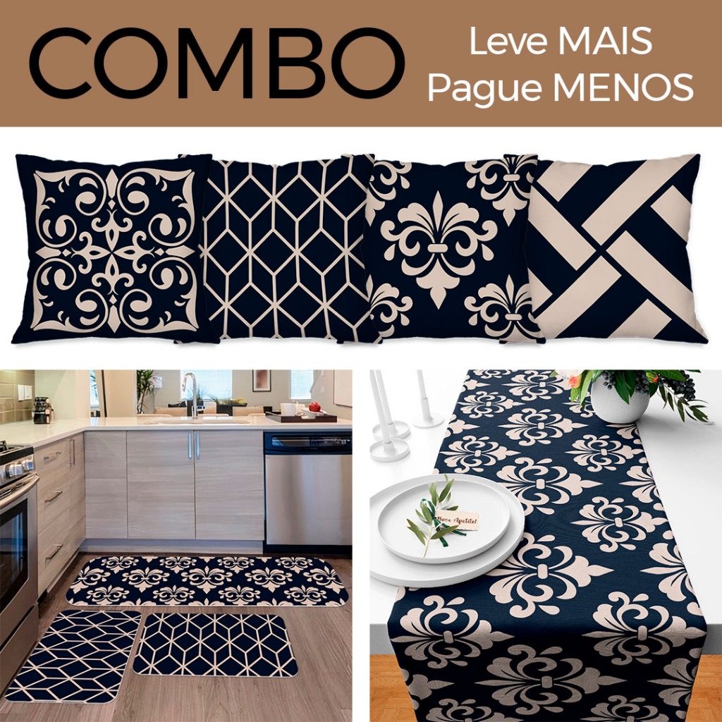 COMBO: KIT 04 CAPAS DE ALMOFADAS + KIT 3 TAPETES DE COZINHA + TRILHO DE MESA - AZUL REAL