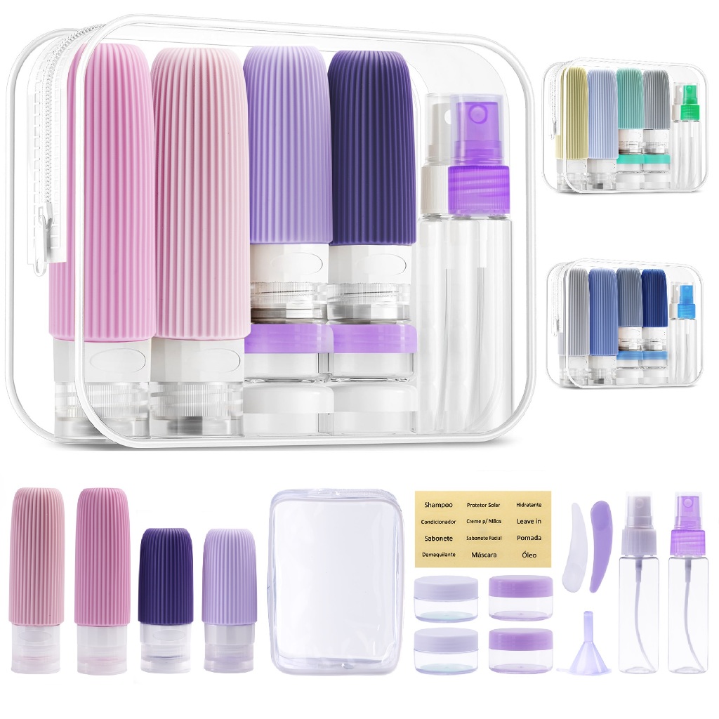 Kit Potes Frascos Silicone Viagem Creme Shampoo Condicionador Cosméticos 16 Peças
