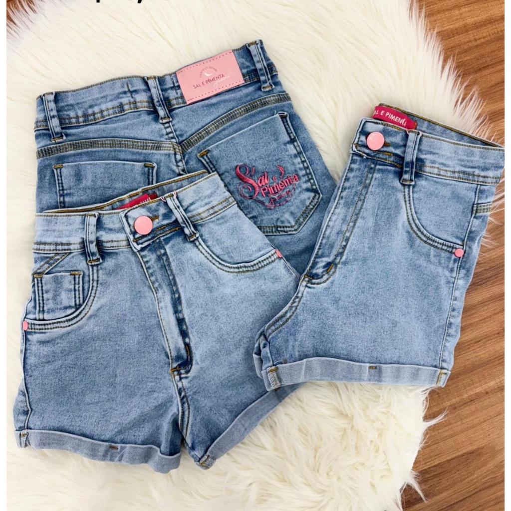 Short Jeans Sal e Pimenta - Pimenta Original Com Elastano Cintura Alta HotPants Mom