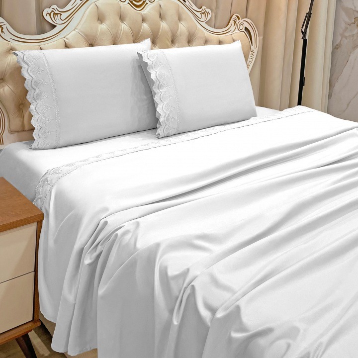 Jogo de Lençol 4 Peças King Bordado Inglês 300 Fios Micropercal Delicado Jogo de Cama Eurotextil