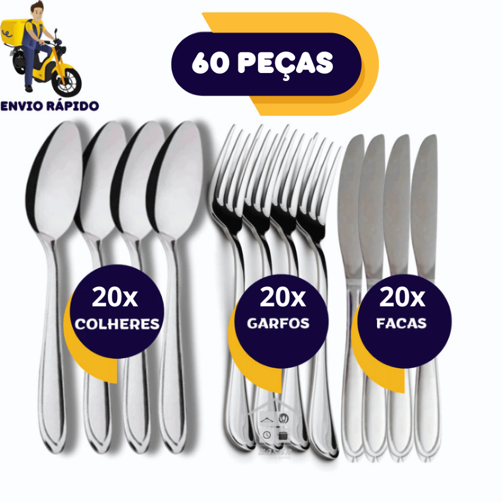 Kit 60 Talheres Aço inox Kit 20 Colheres 20 Garfos 20 Facas Faqueiro 60Peças  Restaurantes Pizzarias Churrascarias