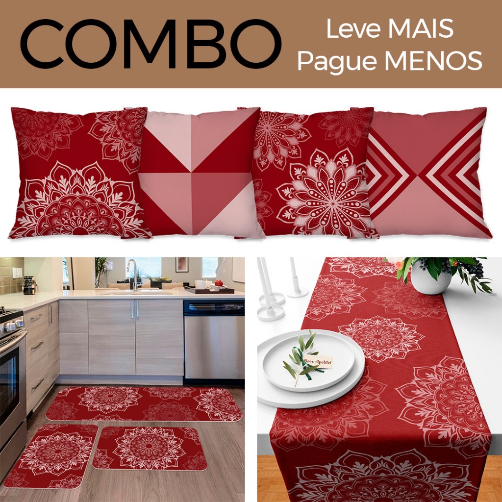 COMBO: KIT 04 CAPAS DE ALMOFADAS + KIT 3 TAPETES DE COZINHA + TRILHO DE MESA - VERMELHO HARMÔNICO