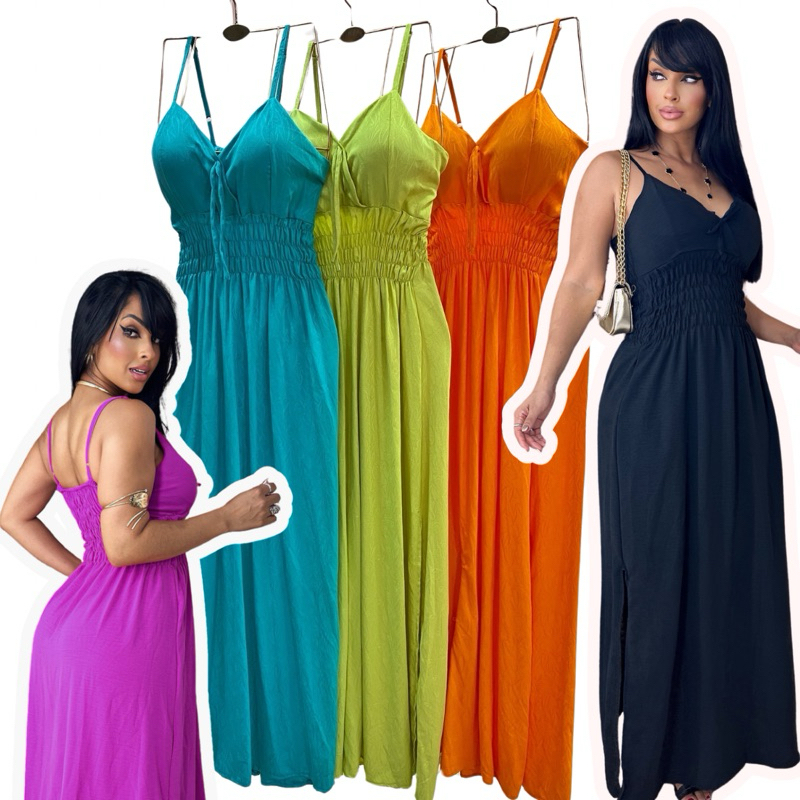 Vestido Feminino Longo Com Bojo Alças Reguláveis e Detalhe em Lastex Vestido Para todas as ocasiões.