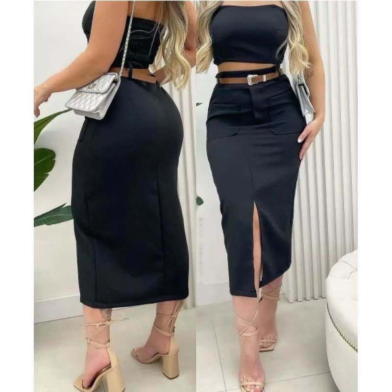 Saia Midi Alfaiataria Com Cinto e Bolsos PROMOÇÃO