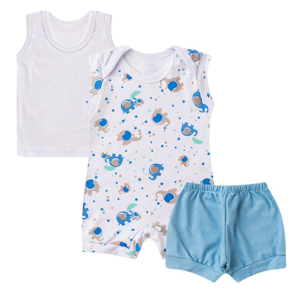 Kit Bebê (3 Peças) Banho de Sol Branco Elefante, Camiseta e Tapa Fralda Azul (P/M/G)
