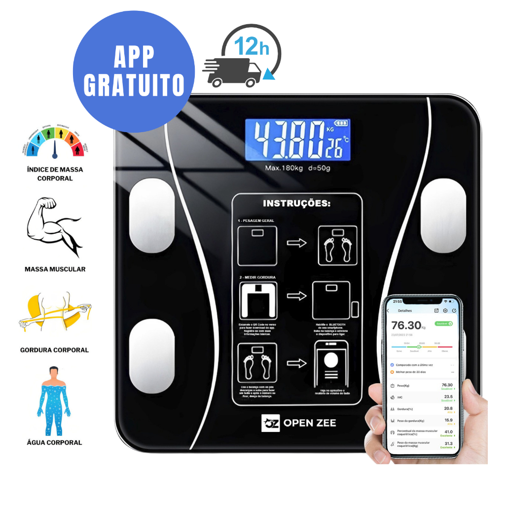 Balança Corporal Bioimpedância Vidro Profissional Bluetooth
