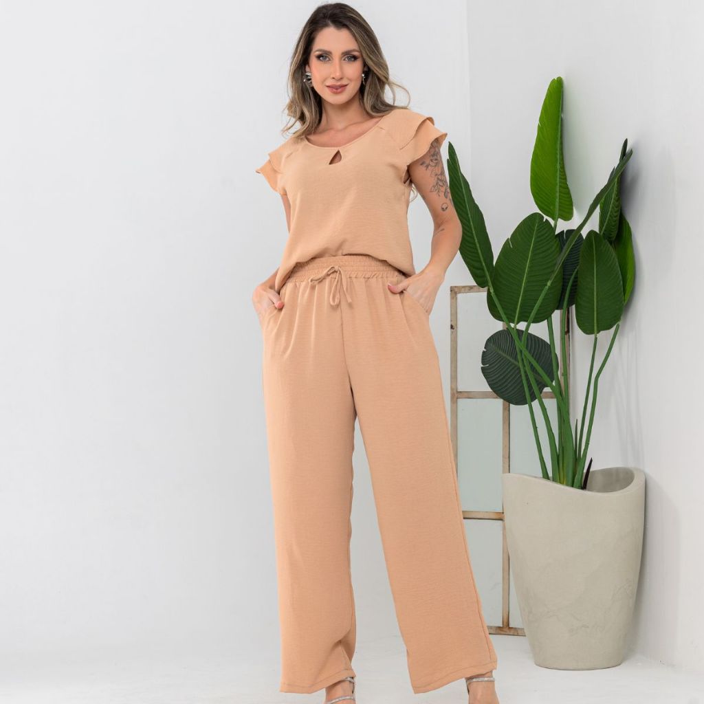 Conjunto Feminino Blusa Manga Curta Babado  e Calça Duna Tendencia Moda Casual em Oferta na Shopee
