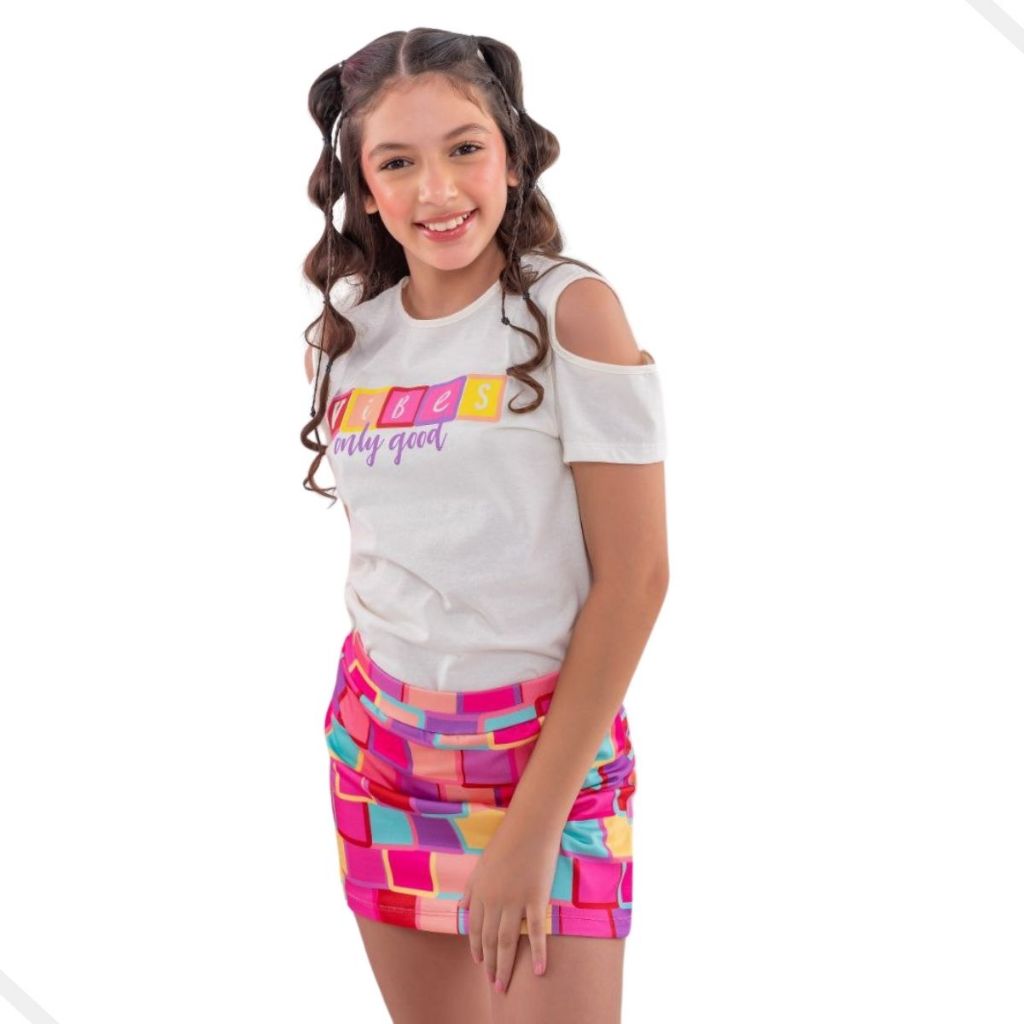 Conjunto Blusa e Short Saia Juvenil Menina Princesa Presente Aniversário Festa Balada Passeio Férias