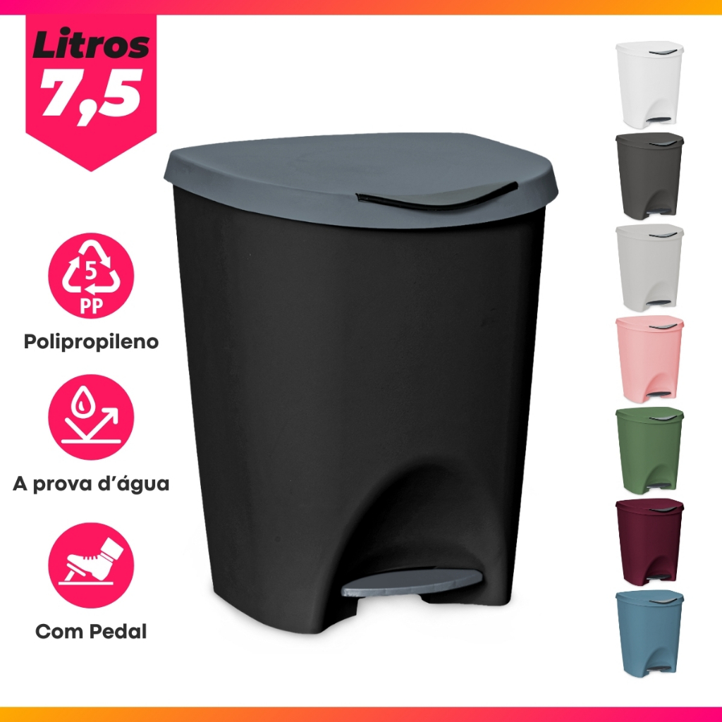 Lixeira Grande Tampa Escritório Cozinha Banheiro Quarto Sala Trabalho Plástico Com Pedal 7,5L