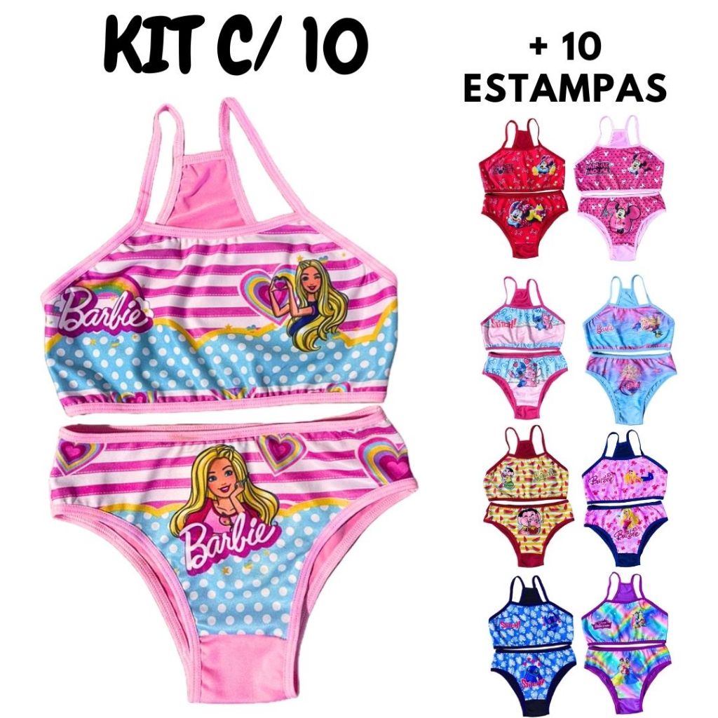 Kit 10 Conjuntos Top Sutiã e Calcinha Sublimado Personagens Desenhos Infantil Moda Praia Infantil em Oferta na Shopee
