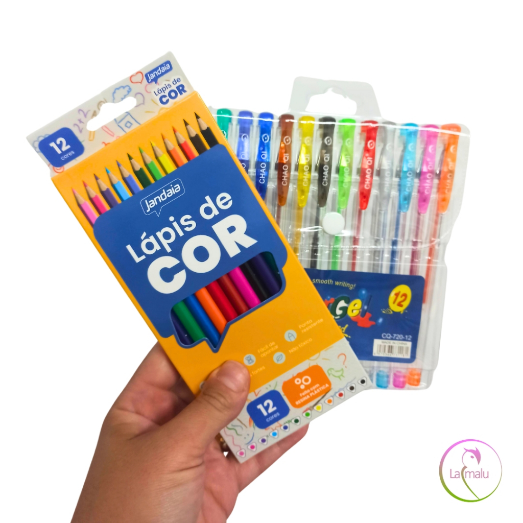 Kit 12 Lápis de Cor + 12 Canetas de Gel GLITTER Material Escolar Ensino Fundamental ou Infantil
