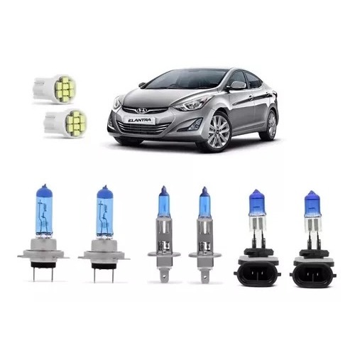 Kit Lâmpadas Super Branca Elantra 2011 > 2013 Farol Alto Baixo Milha H1 H7 H27 T10
