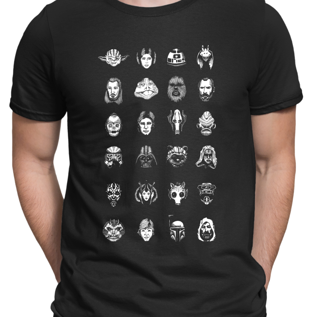 Camisa Personagens Universo Star Wars R2D2 Chewbacca Yoda Darth Unissex Camiseta 100% Algodão.