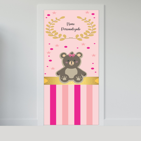 Papel Parede Adesivo para Portas de Madeira ou Vidro Decoração Revestimento - URSO NOME PERSONALIZADO ROSA