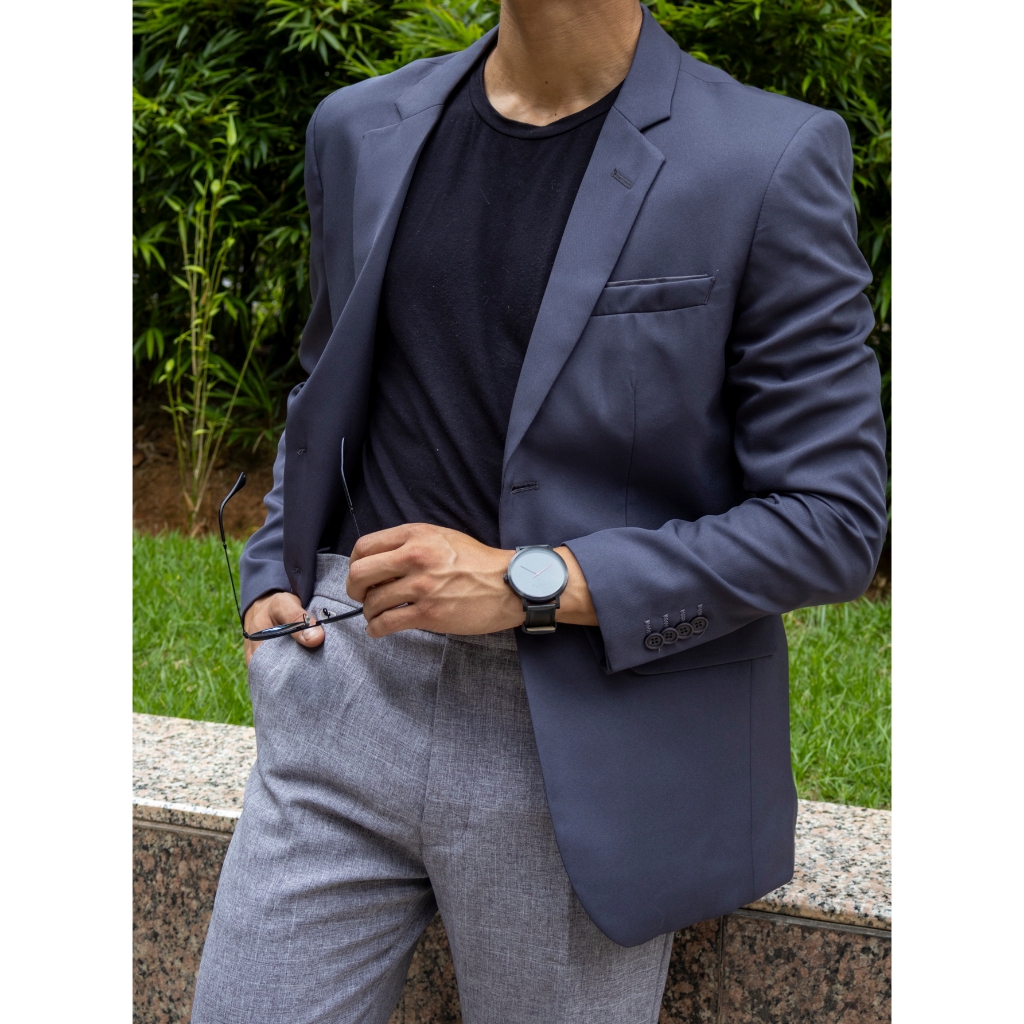 Blazer Slim Masculino Esporte fino Cinza Chumbo Liso, Tecido Microfibra, forrado, botões e caseado