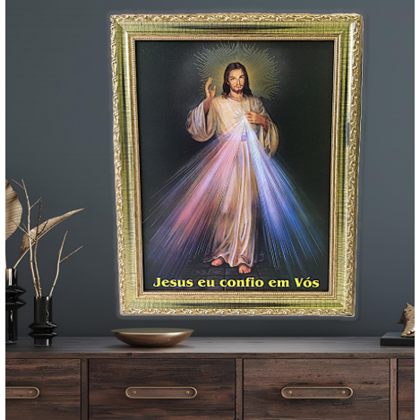 Quadro com moldura 67cm x 97cm Jesus Misericordioso e outros Santos - Religioso em Oferta na Shopee