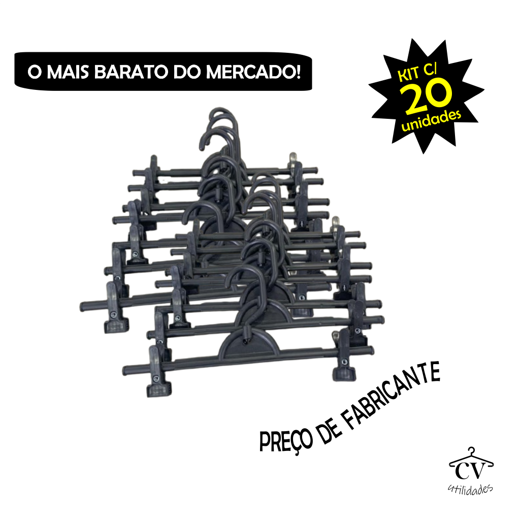 Cabide  Preto com presilha para roupas (KIT COM 20 UNIDADES)