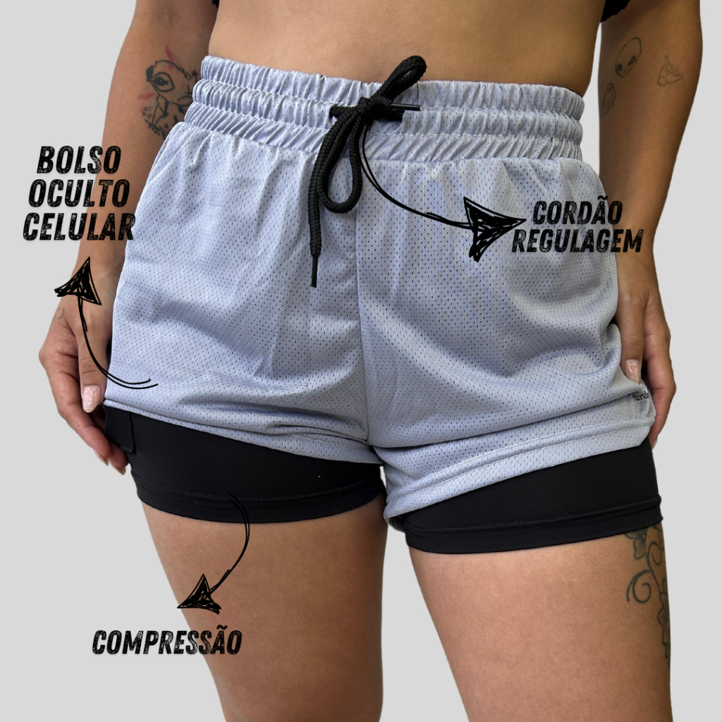 Short 2Em1 Feminino Dry Fit Bolso Celular para Caminhada, Academia,Ginástica, Corrida,Treino Fitness