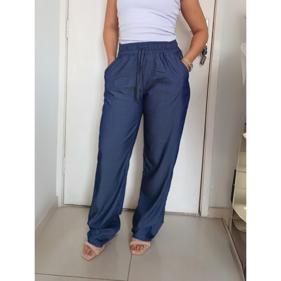 Calça Reta de chambray LISO  Feminina Elastico na Cintura com Bolso M G GG G1 em Oferta na Shopee