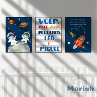 Kit 3 Quadros Decorativos 20x28 ou 21x30 Personalizado Irmãos Astronauta Seja Forte e Corajoso Voe Alto MDF em Oferta na Shopee