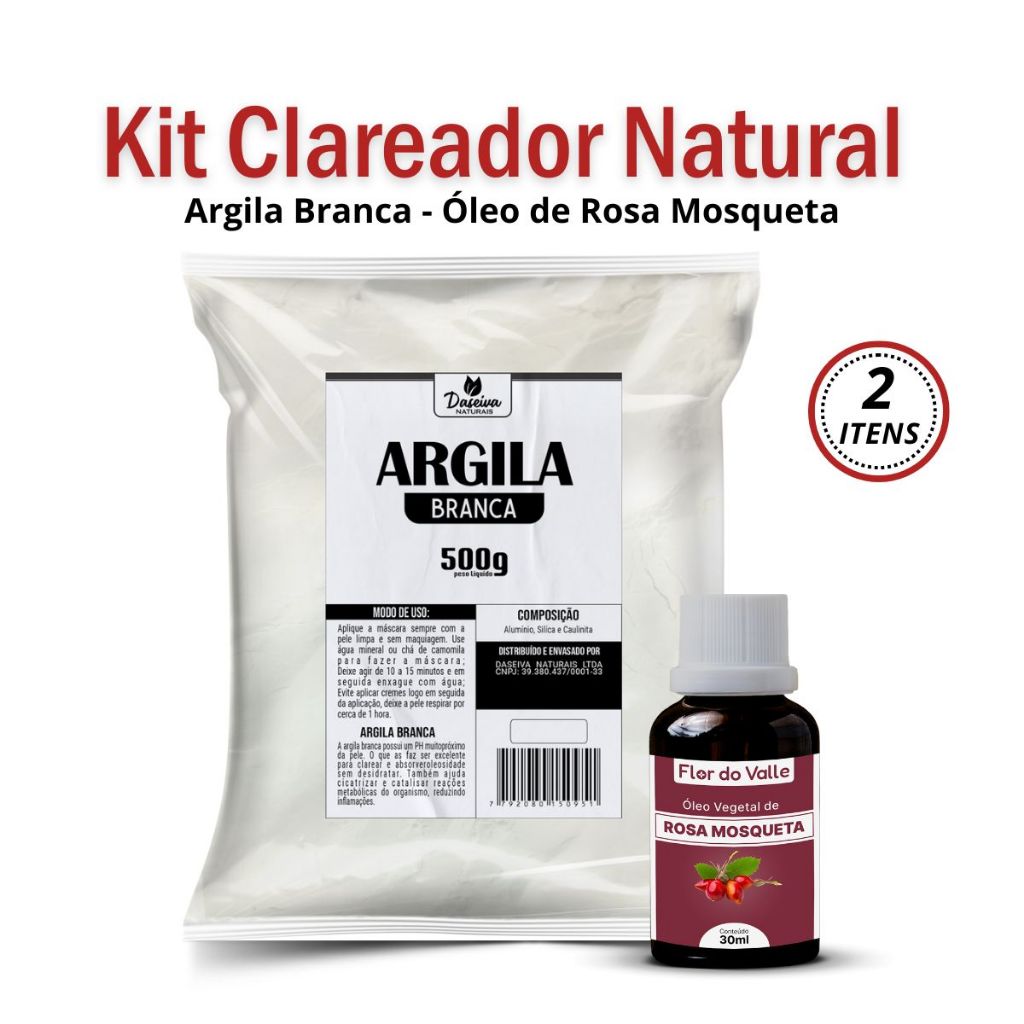 Argila Branca 500g Daseiva Naturais + Óleo de Rosa Mosqueta Rubiginosa (Clareador Natural) em Oferta na Shopee